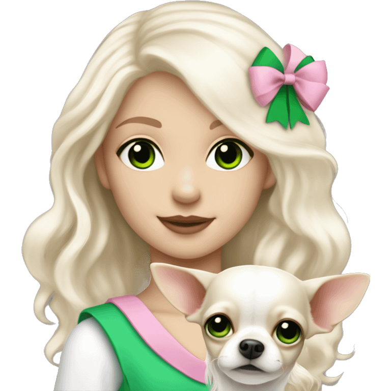 pale blond girl with wavy long platinum white hair with bright green eyes holding a white chihuahua that wearing a pink bow emoji