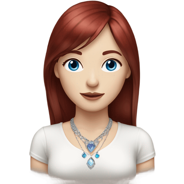 woman with pale skin, blue eyes and long dark red hair with layers and bangs, wearing a white top and silver jewellery emoji