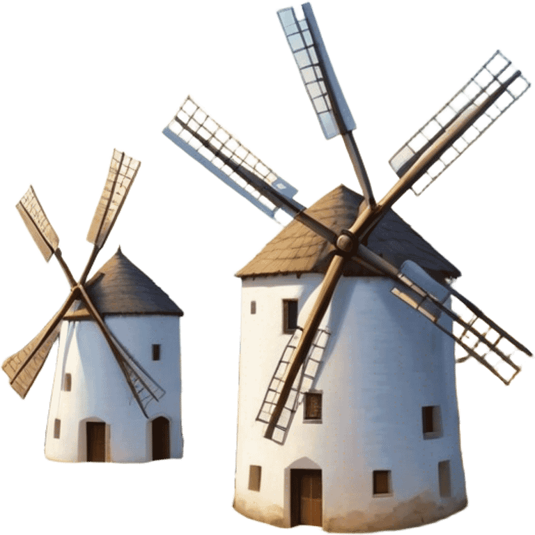 ​Cinematic Realistic Spanish Windmills (Mota del Cuervo), depicted as a cluster of gracefully aged windmills with weathered whitewashed facades and rustic wooden sails, standing proudly on a sunlit, rolling hillside of golden fields and olive groves, rendered with intricate textures and soft natural lighting that captures the timeless rural charm and historical significance of the Spanish landscape, emoji