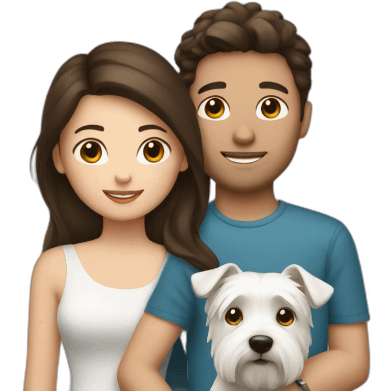 Brunette girl and brunette boy with westie emoji