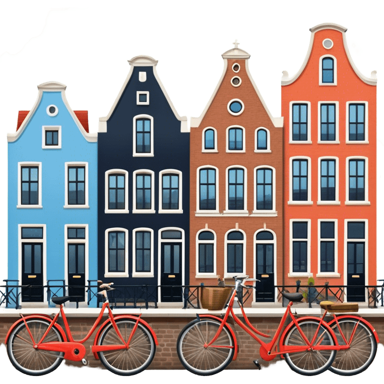 Cinematic Realistic Amsterdam Canal Houses Landmark Emoji, featuring narrow, gabled facades in vibrant colors reflecting on the calm canal waters, with bicycles lining the cobblestone streets. emoji