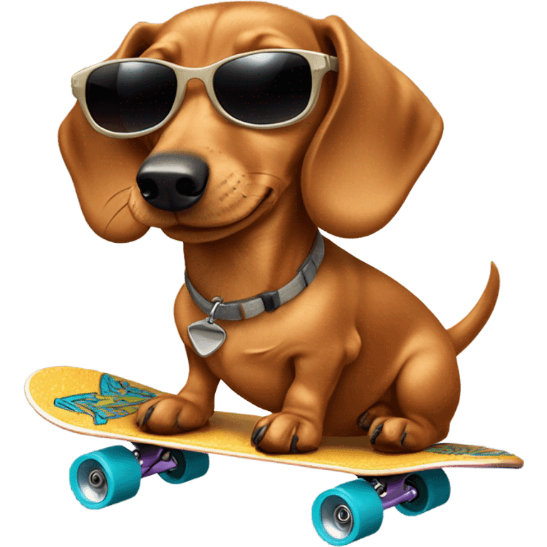 light brown dachshund on a skateboard wearing sunglasses with tongue out emoji