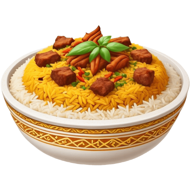 Cinematic Realistic Biryani Dish Emoji, depicted as aromatic basmati rice layered with spiced meat and herbs rendered with vibrant textures and warm, inviting lighting. emoji