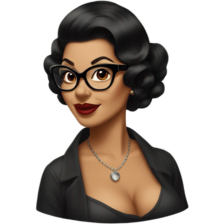 pin-up brown woman with black hair wearing 50s cat eye glasses  emoji