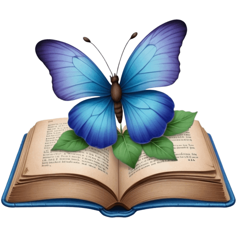 A vintage book with a worn blue cover, open to reveal pressed pansies and a resting green butterfly. emoji