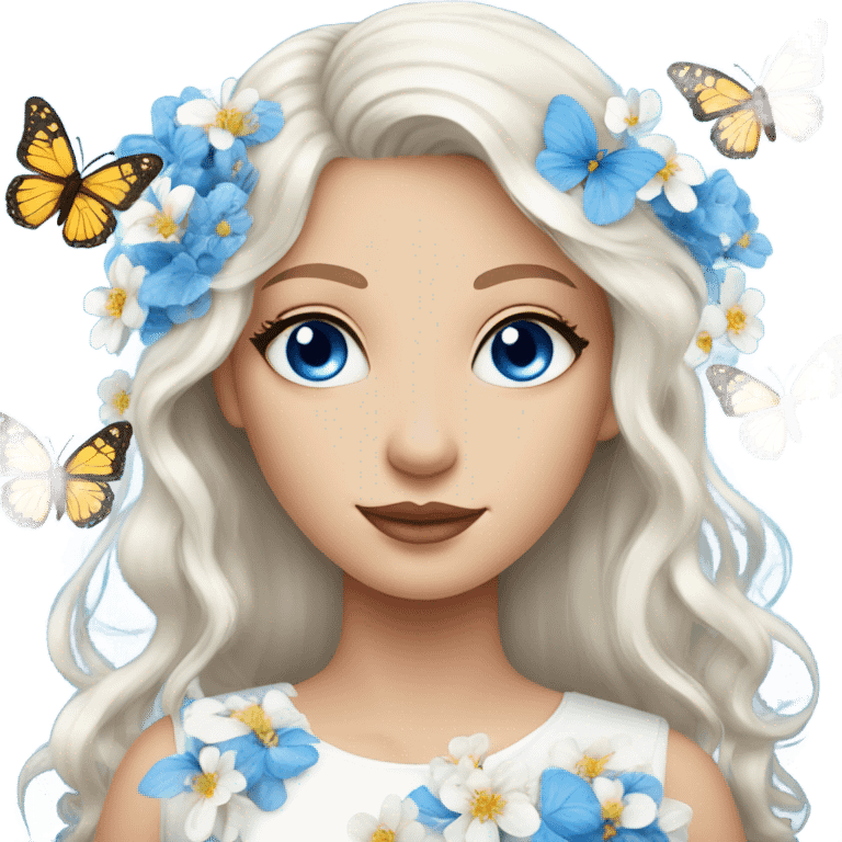 Gorgeous braun-hair white lady blue eyes with flowers and butterflies emoji