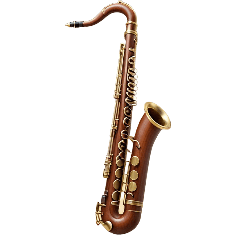 Create a detailed and elegant emoji representing a bassoon. The design should showcase the long, slender wooden body of the bassoon with its distinct curves and metal fittings. Highlight the keywork and metal rings around the joints, with subtle light reflections on the wood to give it a polished appearance. The top of the bassoon should have the characteristic metal bell, and the reed should be clearly visible at the mouthpiece. Use warm wood tones like deep brown and mahogany for the body, with silver or brass accents for the metal parts. Add soft musical notes or soundwaves around the instrument to evoke its rich, deep sound. The background should be transparent. emoji