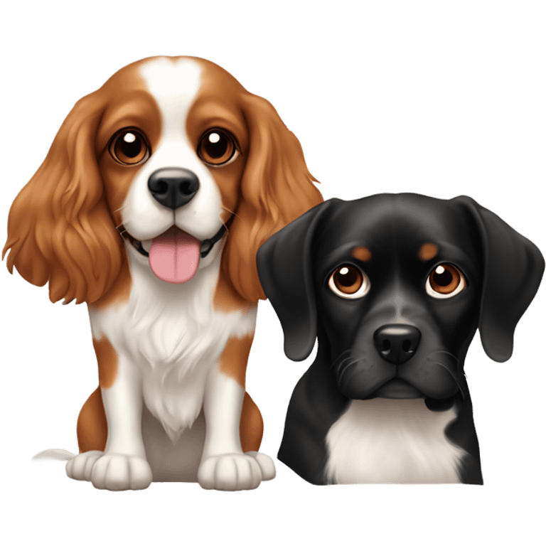 2 dogs, one small cavalier king charles with brown and white fur and one big black lab the small one on top of the big one  emoji