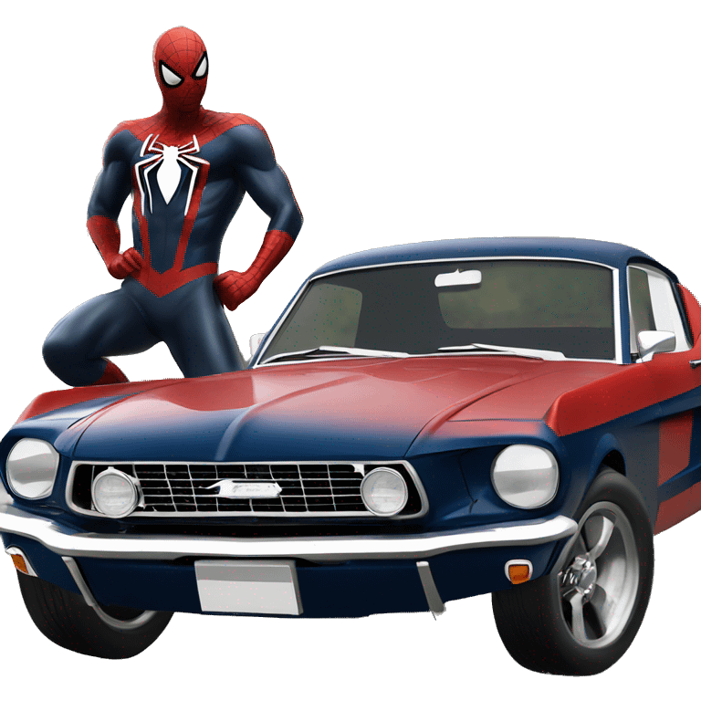 Spider-Man standing next to a 65 fastback Mustang black emoji