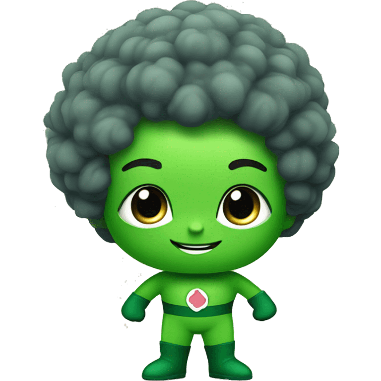 cute mini superhero with green clothes and a broccoli as hair,  full body saying hello emoji