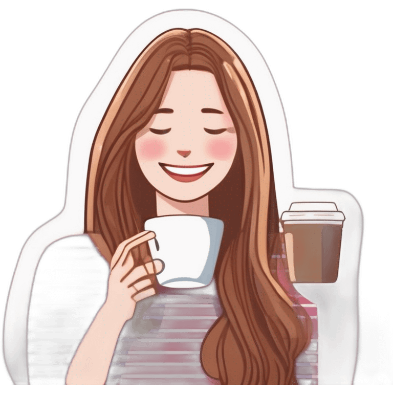 woman with pale skin and brown long thin straight hair wearing a white woolly shirt drinking coffee from a light pink takeaway cup eyes closed but smiling emoji