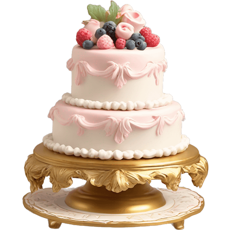 aesthetic vintage rococo cake with white icing, berries on a gold, pale pink, and white ceramic plate stand  emoji