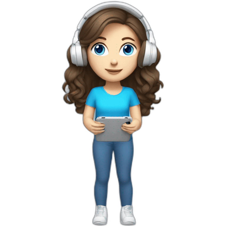 brunette white girl with long hair blue eyes listening to music with her phone in her hand with white wired headphones  emoji