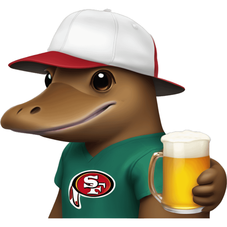 platypus in a 49ers cap holding a white beer emoji