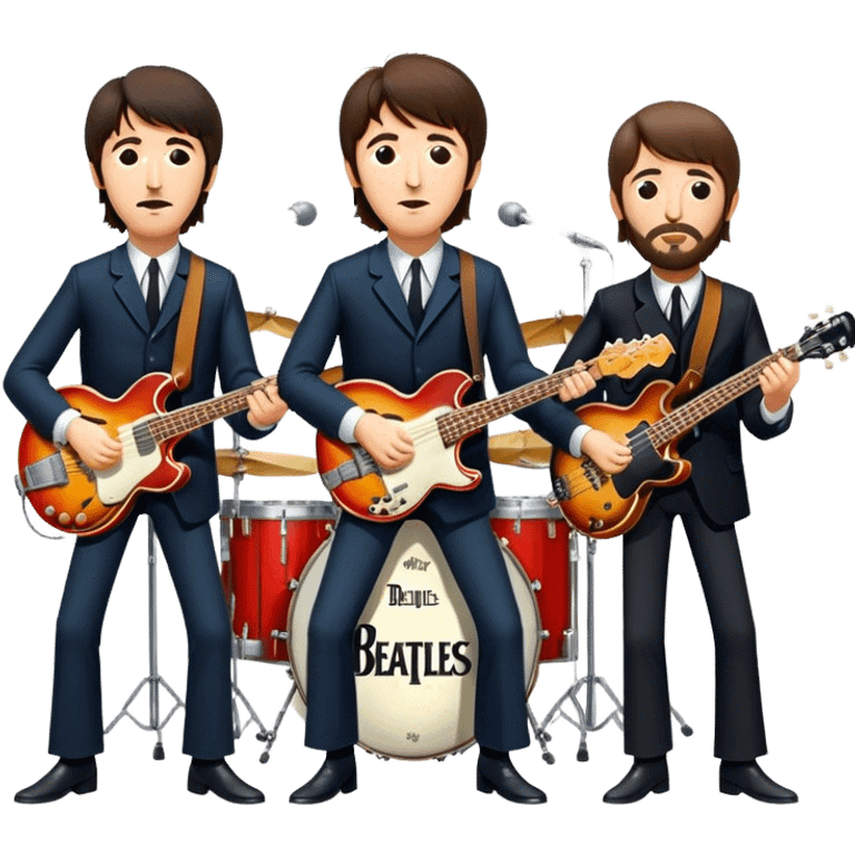 Rock music icon: The Beatles performing live on stage. John Lennon with guitar, Paul McCartney with bass, George Harrison with guitar, Ringo Starr on drums. Bright lights, energetic performance. Transparent background. emoji