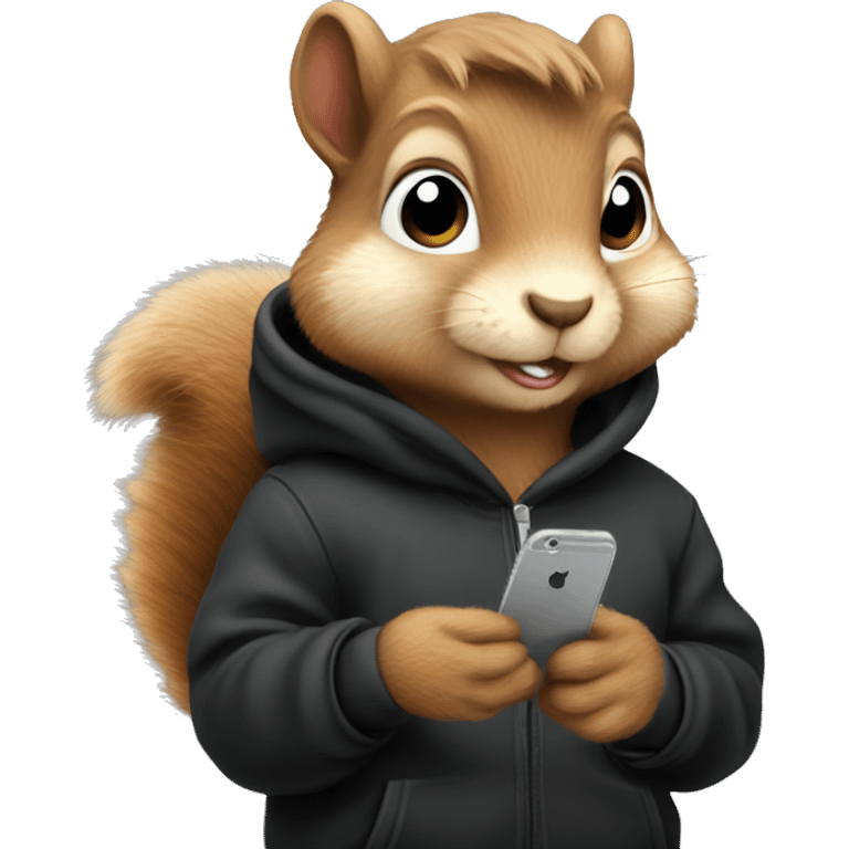 Cute fluffy Squirrel in black hoodie holding an iPhone  emoji