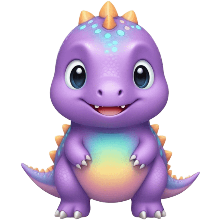 Cinematic tiny pastel dinosaur, chubby round body, tiny feet, big sparkling eyes, soft glowing colors, happy and friendly expression, radiating warmth. emoji