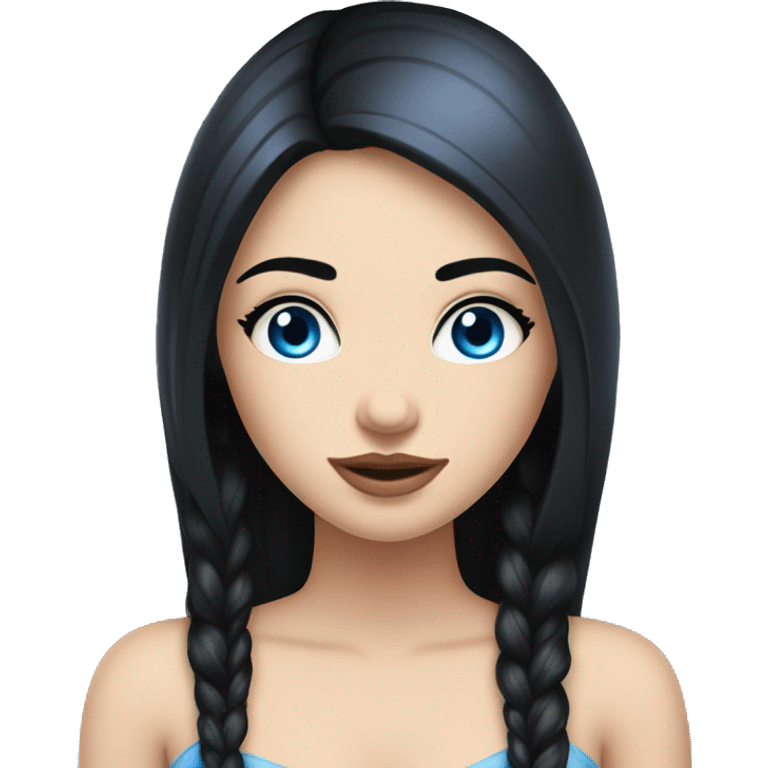 a girl with fair skin, straight long black hair, blue eyes, standing, very beautiful, very hot,Russian,plump lips and eyelashes emoji