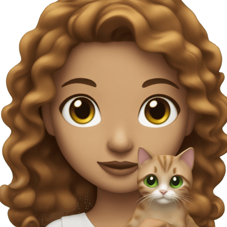 Wavy hair brunette with caramel skin and green eyes holding calico cat emoji