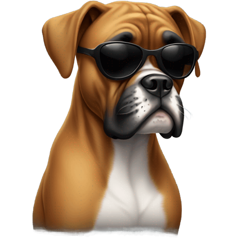 Boxer dog with completely black sunglasses and with a pimp face emoji