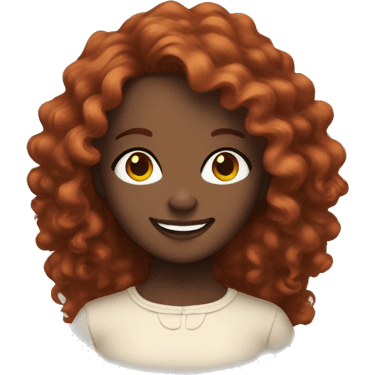 smiling dark-skinned woman with shoulder length curly red hair, long eye lashes, almond shaped eyes emoji