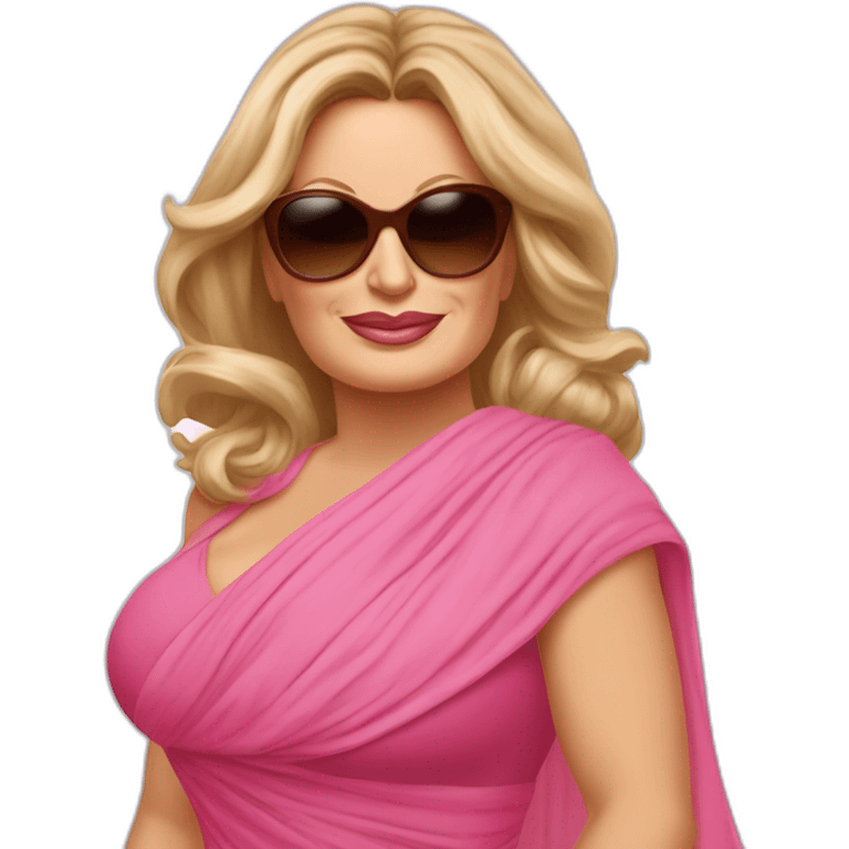 Jennifer Coolidge from tv show White Lotus. She is wearing large brown round vintage sunglasses. She has a pink chiffon scarf wrapped around her head and pink dress emoji