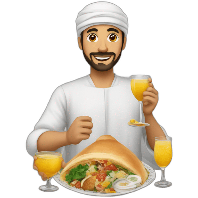 Create an emoji for the month of Ramadan that represents fasting, for example, an image of a person holding a beautiful iftar meal filled with food and drinks. --dream --ar 1:1 emoji