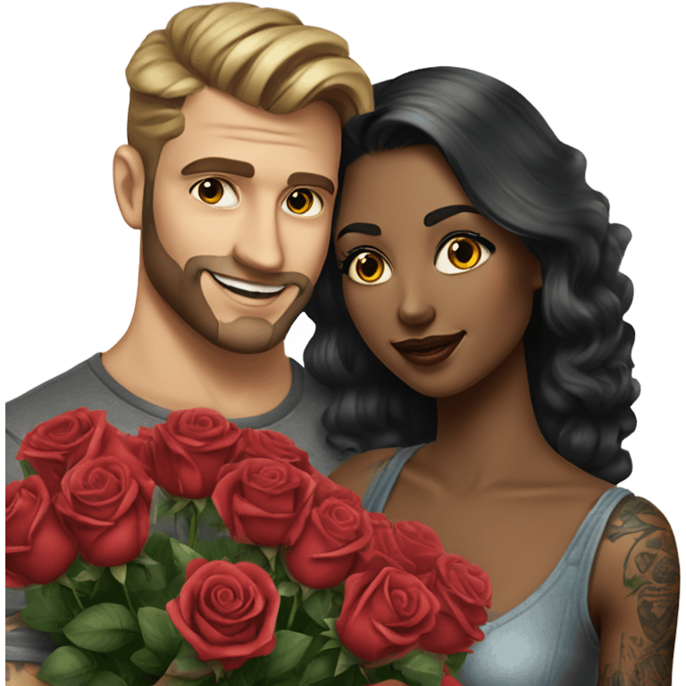 Hyper Realistic beautiful woman receiving a gift and a bouquet of roses from a handsome tattooed man  emoji