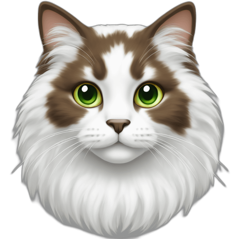 white fluffy bi-colour cat with dark brown ears and upper head, brown ears and green eyes emoji