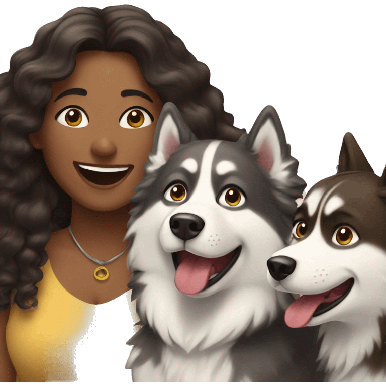 woman with long dark brown curly hair expressing joy alongside two husky's emoji