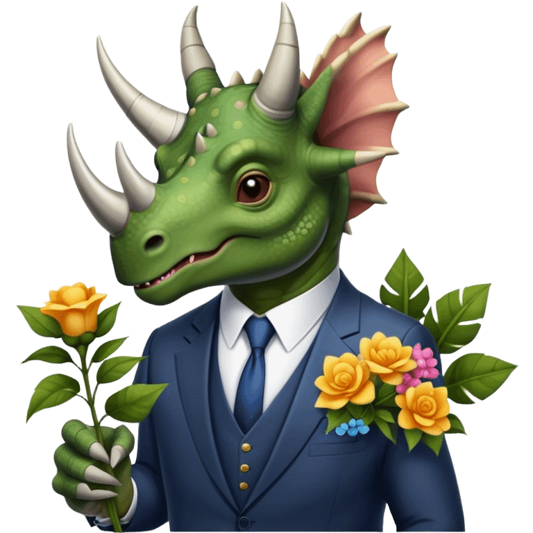 old triceratops in suit holding flowers emoji