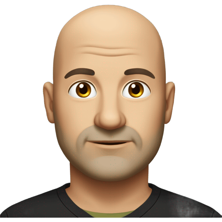 A slightly overweight middle-aged Italian man with olive-toned skin with bald hair and no facial hair. He is wearing a sleek black smart shirt, casually unbuttoned at the top. emoji