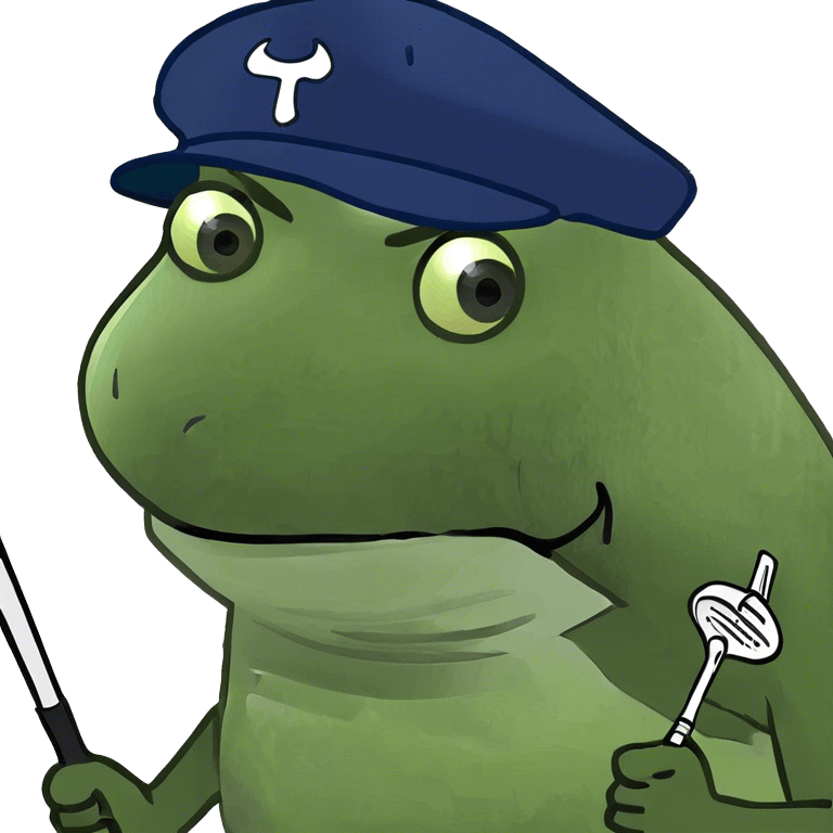 Bufo playing golf with a golf club and a Taylor made golf hat emoji