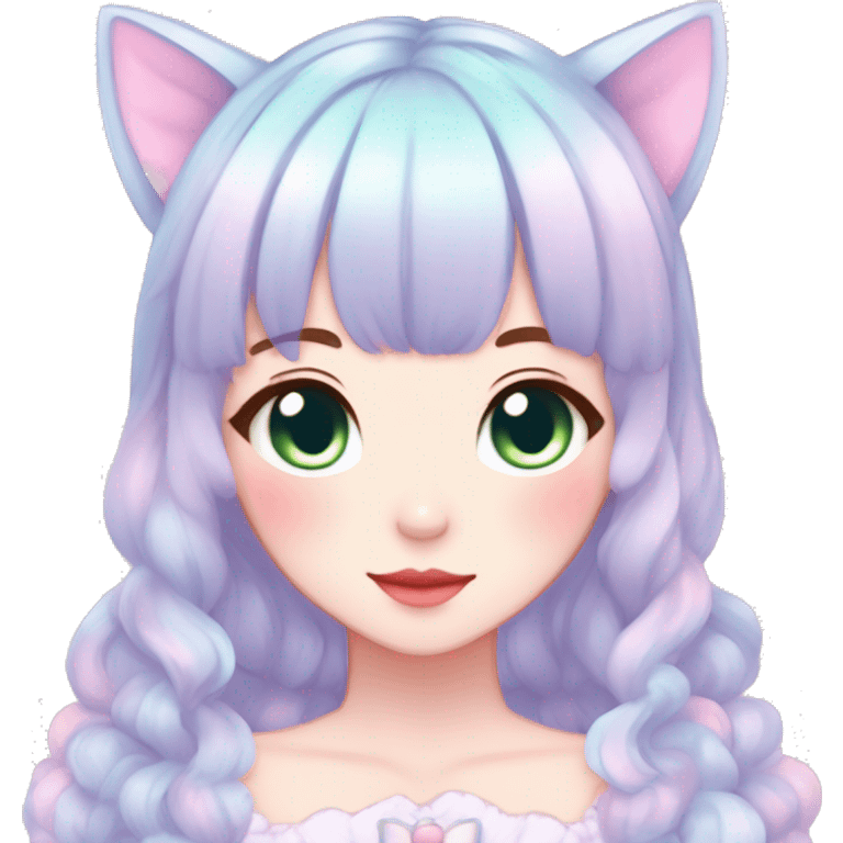 Gorgeous pastel anime style lady with blushing face and cat ears cottagecore fairycore pastelcore colorful pearly romantic simplistic aesthetic trending style emoji