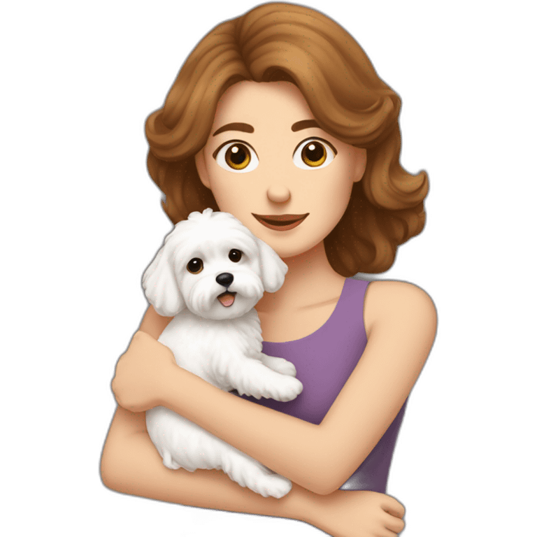 a long brown-haired woman hugging white maltipoo emoji