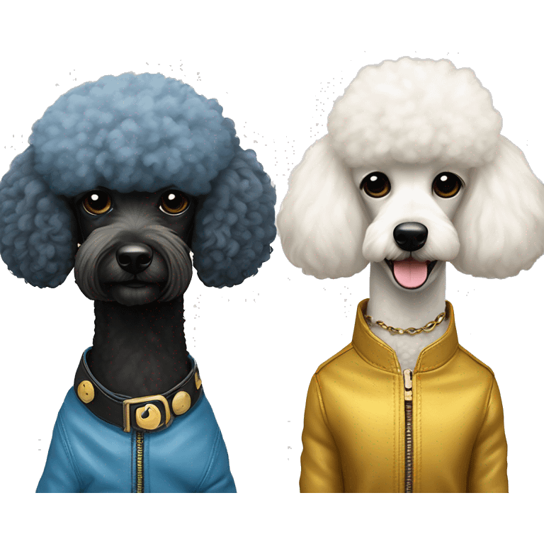 Fluffy blue and gold leather jackets on Black poodle and white poodle best friends emoji