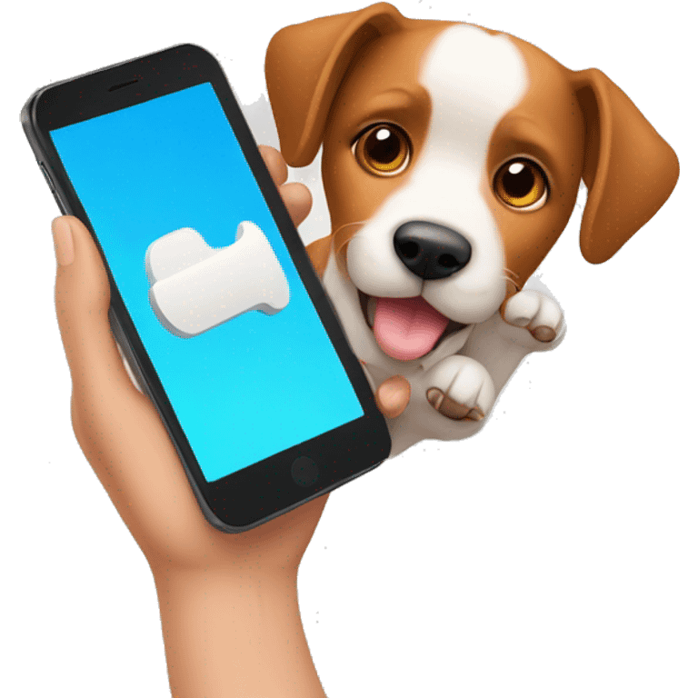 a hand holding a phone that has a dog on the screen emoji