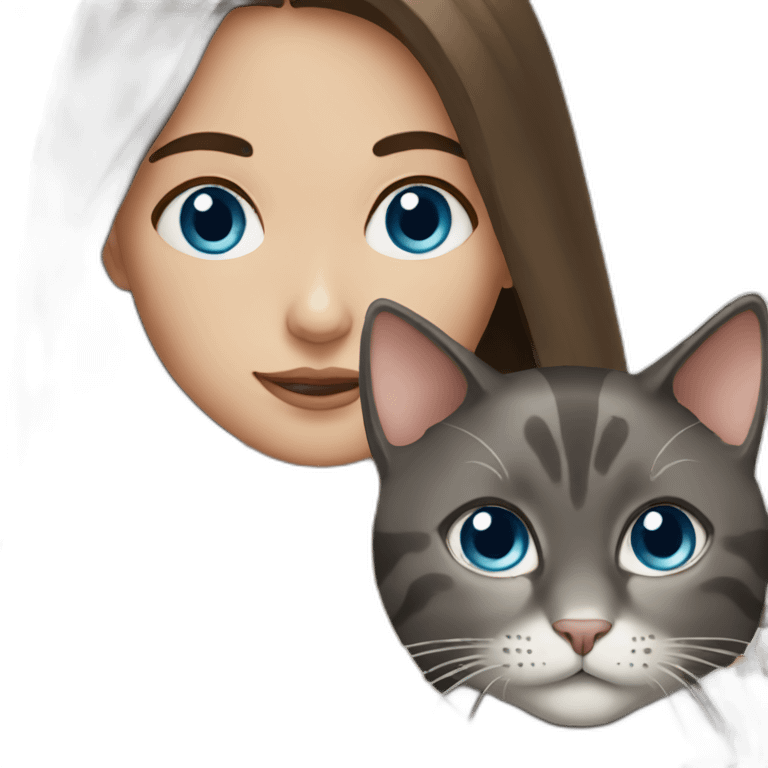 Brunette girl with blue eyes and a cat emoji