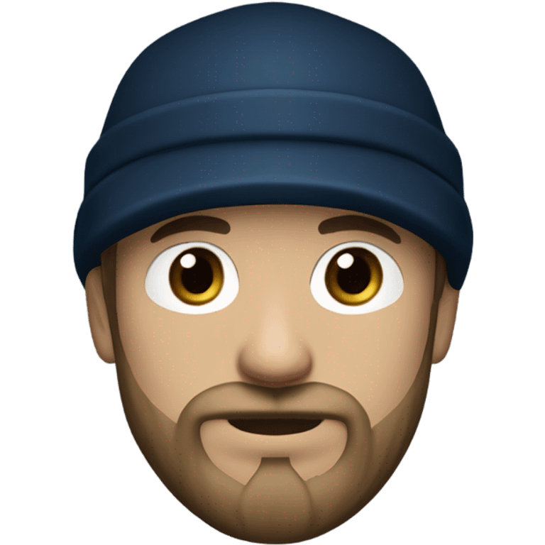 man wearing a black newsboy cap, with a irish styled beard and mustache, and a neutral expression. The man has light skin, blue eyes, dark blue hooded pull over sweater emoji