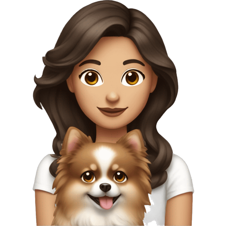 Brunette girl holding a cream pomeranian  emoji