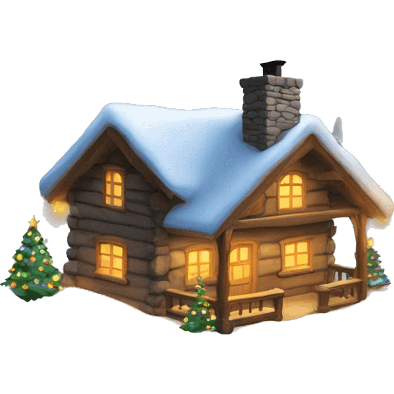 Snowy cabin with stone chimney and colored Christmas lights  emoji