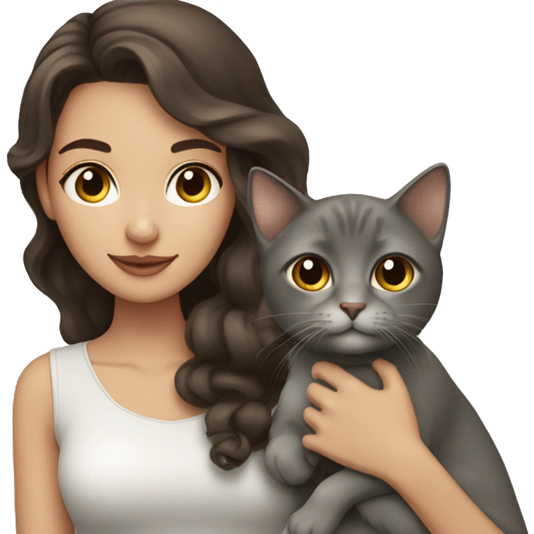 pretty wavy brunette woman with brown eyes holding grey cat emoji