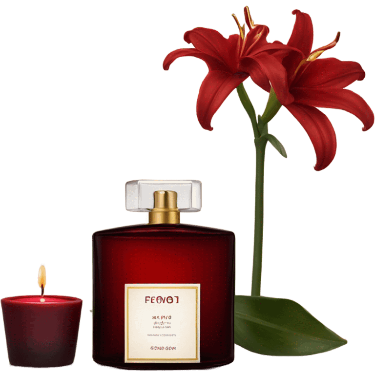 Dark red luxury perfume bottle with red lilies and a dark red candle emoji