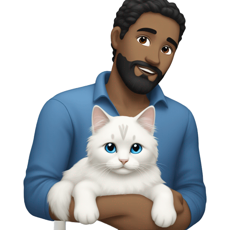 A guy with a black earing and black short hair and black beard and holding a all white Siberian cat with blue eyes  emoji