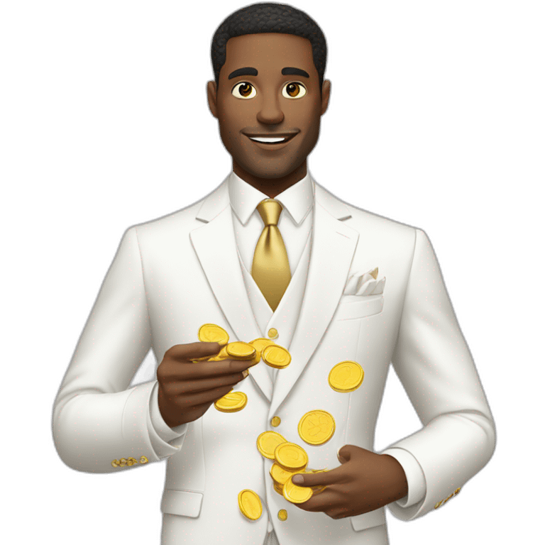 Posh-man-with-white-suit-holding-golden-coins emoji