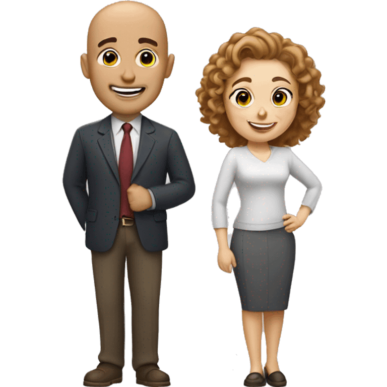 bald man without glasses and a shorter woman with brow curly hair, both smiling and waving hi emoji