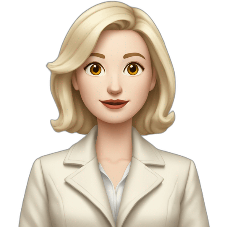 pale skin woman with ash blonde Straightened bob Hair, White Spacious classical jacket, beige palazzo Arrow pants and gray blouse holding a MacBook in the hands emoji