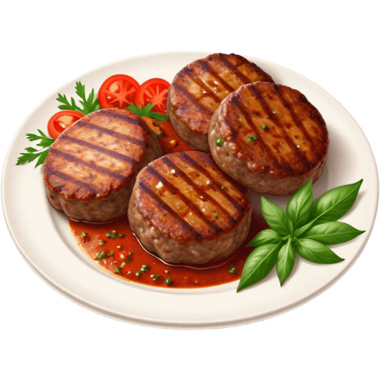 Cinematic Realistic image of Turkish Köfte, presented as perfectly formed, spiced meat patties with detailed textures and subtle grill marks, arranged artfully on a simple plate and illuminated by warm, appetizing lighting that accentuates their savory appeal. emoji