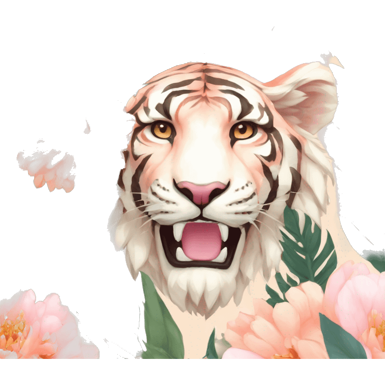 Pixel art of a pixel pink peach beige blue cream pastel pixel tiger pixel lion wearing tropical flowers and leaves, flower crown, floral, pixel emoji