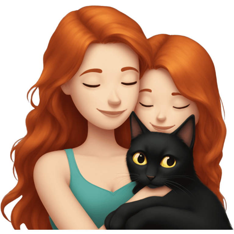 Redhead Girl cuddling with longhaired black cat emoji